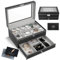 SAMISO Boîte à montres à 2 couches,Coffret à Montres avec couvercle en verre,Rangement pour Montres en Cuir,12 compartiments et 1 tiroir,pour montres, bagues, bracelets,Boîte de Montre Noir