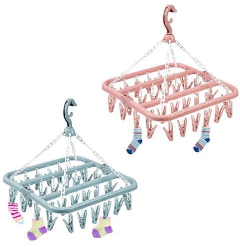 YOYIAG Sock Dryer with 32 Clothes Pegs 2 Pieces Folding Laundry Hangers Sock Dryer with 32 Clothes Peg Sock Drying Racks Hanging Sock Rack, Clothes Drying Hanger for Socks, Hats, Towels, Gloves