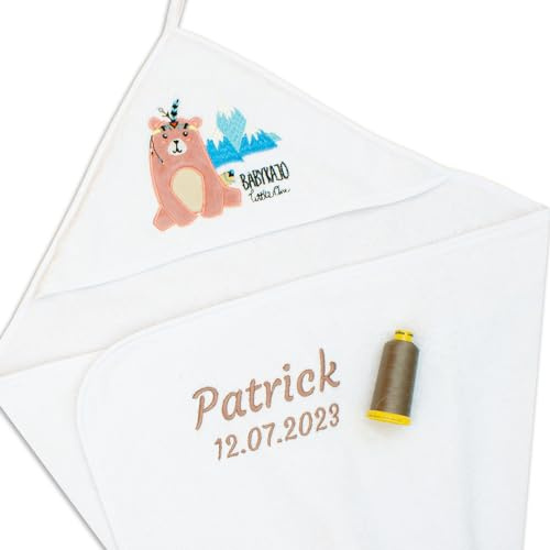 Babykajo Kapuzenhandtuch personalisiert 80x80cm aus Reiner Baumwolle. Baby Handtuch mit Namen und Geburtsdatum. Personalisierte Geschenke Baby perfekt zur Geburt oder zur Taufe.