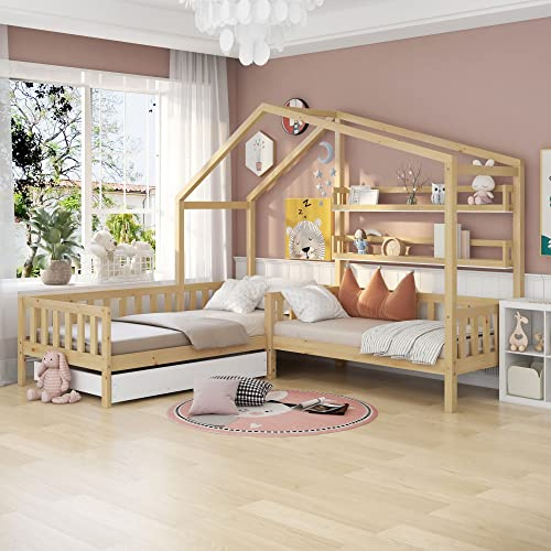 NNJN Kinderbett Hausbett mit Schubladen und Regalen, Massivholz mit Zaun und Lattenrost, L-Struktur, (90x200 cm+140x70cm) (Natur)