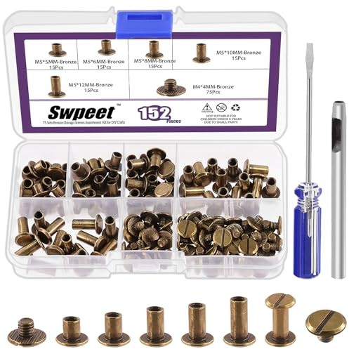 Swpeet 152 pièces m5x5mm, 6mm, 8mm, 10mm, 12mm bronze vis rivets en cuir avec poinçon et tournevis rond tête plate goujons à double tête pour bricolage cuir artisanat