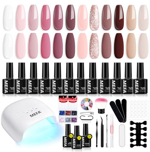 MEFA 34 Pcs Gel Nail Kit with 48W UV Lamp, 12 Colors Pink Nude Brown Gel Nail Polish Kit with Matte Glossy Gel Top Base Coat Manicure Tools Nail Art Decorations DIY Salon Home