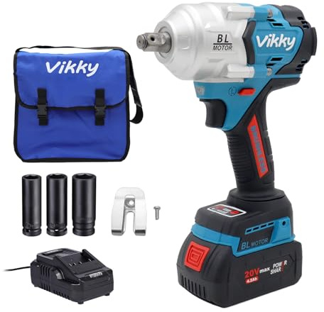 Vikky BL1000 20V Akku-Schlagschrauber, 1000Nm Drehmoment, 1200Nm max. Lösedrehmoment, 4 Modi, Bürstenloser Motor, LED-Licht, 20V 4.2Ah Batterie, 0-2200 RPM, 2900 iPM, für M12-M30 Bolzen