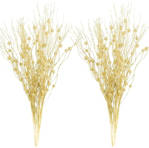 12Pack künstliche Glitter Rollen Beerenstamm Ornamente, 41cm Gold Beeren Stiele Zweig dekorative Sticks für Christbaumschmuck Weihnachtsdeko Adventskranz Deko Weihnachtsgirlande Türkranz Weihnachten