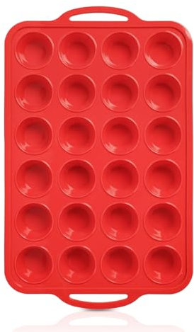 Foepoge Silicone Mini Muffin Tray 24 Cup with Metal Frame, Non Stick Silicone Mini Cupcake Tray with Handle, Muffin Moulds for Baking, Yorkshire Pudding Tray, Cupcake Tin, Red