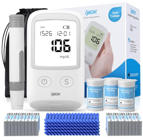 IMDK Blood Glucose Monitor Kit, 𝗖𝗹𝗶𝗻𝗶𝗰𝗮𝗹𝗹𝘆 𝗔𝗰𝗰𝘂𝗿𝗮𝘁𝗲 Blood Sugar Test Kit with 150*Glucometer Strips, 100*Lancets, 1*Lancing Devices, No Coding Required