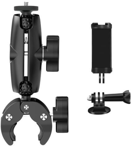 Clamp Mount with Double Socket Arm Compatible for Insta360 Action Camera | Adjustable Clamp Fits 0.7-1.6” Tubes, for Phones and Action Camera, Fits Bikes, Motorcycles, Poles, Railings, Desks Shooting