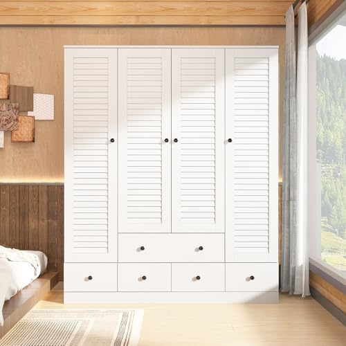 Caldion Weißer Kleiderschrank mit Lamellentüren und Schubladen, 4 Türen, 6 Schubladen,Im Schlafzimmer,Im 5 Stock Vielseitiger Drehtürenschrank in Weiß,150x48x180 cm