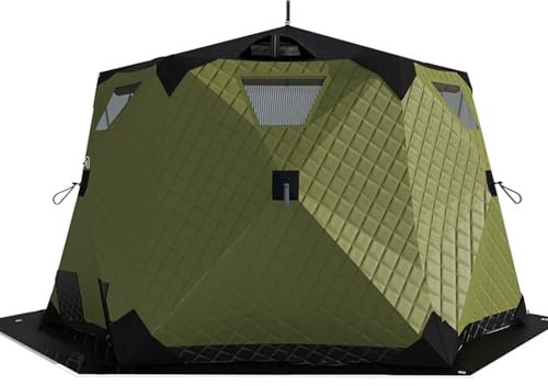 Tragbare Eisangelhütte, thermisch, einfach aufzubauendes, isoliertes Winter-Angelzelt, Pop-up-Eishütte im Hub-Stil mit Herdheber, tragbare sechseckige Eishütte für 3–6 Personen (Green 260X260X170cm)