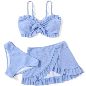 Bikiniset för flickor, 3-delade baddräkter för flickor, bikinitopp + shorts + trosor, badkläder, barnbaddräkt med skydd up-kjol, badmode baddräkt för flickor 5–14 år, Ljusblå, 9-10 år