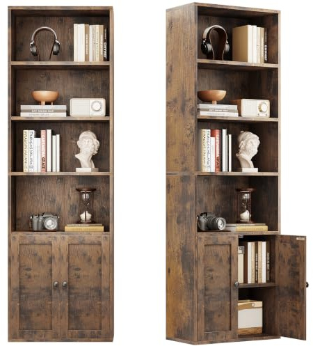 Coleshome Estantería Libros, Librería de 6 Niveles con Puertas y Armario, Estantería de Pie para Salón, Dormitorio, Oficina, Almacenamiento y Exhibición, Marrón, 48 x 24 x 176.4