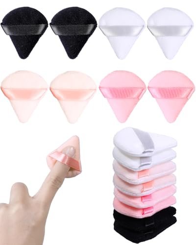 Glavatrix 8 PCS Mini Powder Puff, Finger Setting Powder Puffs for Face, Small Velour Triangle Makeup Sponge (Black+White+Nude+Pink)