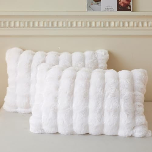 LIFEREVO 2 Pack Fluffy Faux Rabbit Fur Pillow Cases, Luxury Soft Plush Shaggy Bubble Pillowcases Standard Size with Zipper Closure, Furry Fuzzy Long Pillow Shams for Bedroom Living Room 20x26, White