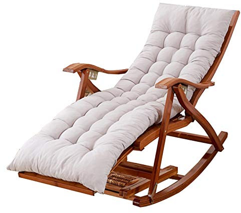 Bambus-Schaukelstuhl mit verstellbarer Sonnenliege, Baumwollpolster, einziehbare Fußstütze, tragbarer Outdoor-Entspannungsstuhl für Garten, Schwimmbäder (graues Kissen)