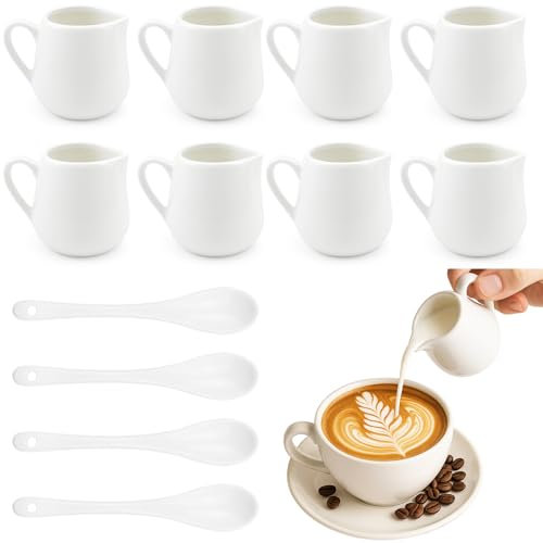 Perbarfun 8 Pezzi Bricco Latte Piccolo Ceramica, 90ml Bricchetto Latte Porcellana con Manico & 4 Cucchiai, Lattiera Piccola per Caffè, Latte, Sugo, Salse, Adatte per Cucine, Hotel, Bar, Caffetterie