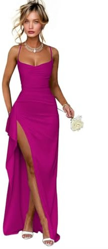 Vestido largo de satén con tirantes delgados, vestido largo de dama de honor, vestido de noche formal de sirena con abertura para mujer, fucsia, 46 Grande