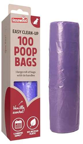Rosewood Dog Poo Bags with Handles - 100 Easy Clean-Up Poop Bags, Grab and Go Single Roll of Dog Waste Bags with Tie Handles, Vanilla Scented, Made with Recycled Plastic