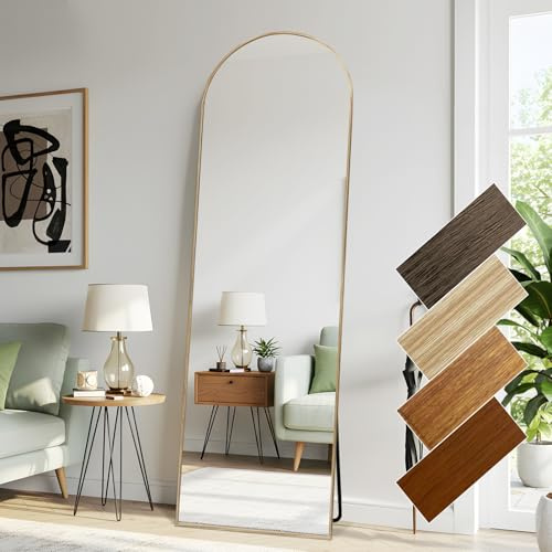 Bogen Ganzkörper Spiegel 52 x 161 cm Gewölbter Standspiegel Aluminiumrahmen klassischer Natur Holz Look an der Wand montiert lehnend Bodenspiegel als Ankleide spiegel für Wohnzimmer Flur Schlafzimmer