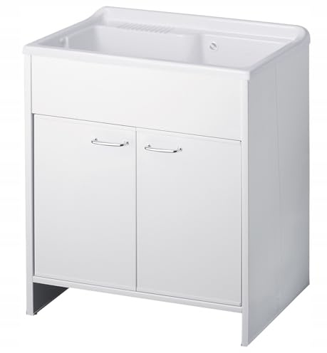 SIGO Lavabo domestico con mobile 80x50 cm – base in PVC, resistente agli acidi, uso interno ed esterno, comprensivo di sifone, mobile lavabo per giardino, officina e lavanderia