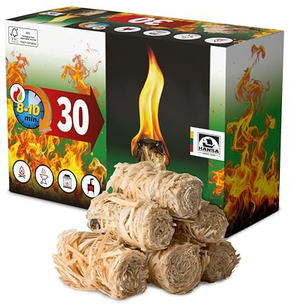 HANSA Lot de 30 allume-feux en laine de bois - Durée de combustion de 8 à 10 minutes - Matériau naturel pour cheminée, barbecue et foyer