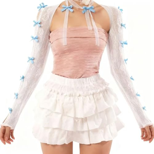 Honganda Sexy Women's Lace Shrug with Thumb Hole, Long Sleeve Floral Lace Bow Bolero Arm Sleeves Y2K Cropped Cardigan Tops (White Blue, One Size)