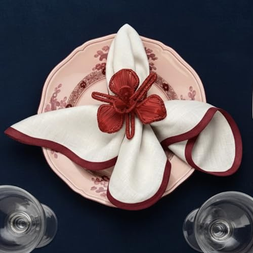 Seralino Stoffservietten 45x45 cm Weiß Rot (12er Set) mit Wellenrand | 100% Bio-Baumwolle | Waschbare Servietten für Hochzeit, Taufe, Geburtstag & Weihnachten | Nachhaltige, Elegante Tischservietten