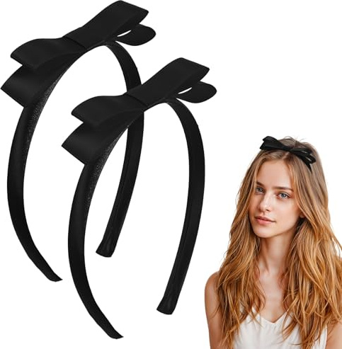 Tyqour 2 Pcs Black Bow Headband for Women Cute Bowknot Headbands Bow Knotted Hair Hoop Princess Hair Accessories for Christmas World Book Day Birthday Party Costume Daily Decor