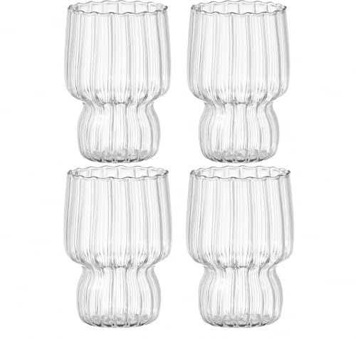 Eden & Willow Set of 4 RippleWave Ribbed Glass Drinking Cups - Borosilicate Glassware for Hot & Cold Beverages - Dishwasher Safe - for Coffee, Juice, Cocktails & Desserts (400ml)