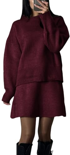 Damen Strickkleid Winter 2 Teiler Mit Rock Pullover Wollkleid Elegant Pulloverkleid 2 Teilig Strickanzug Set Warm Winterkleid Kurz Strick Kleid Anzug Gestricktes Freizeitanzug Frauen Rundhals
