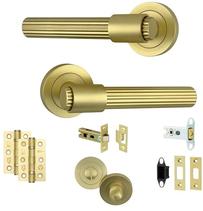 AXS Nevada Door Handle Pair on Rose – Internal Lever Handles with Stepped Collar Design – Latch & Bathroom Lock Options – Matt Black, Satin Brass, Antique Brass (Satin Brass, Bathroom Door Pack)