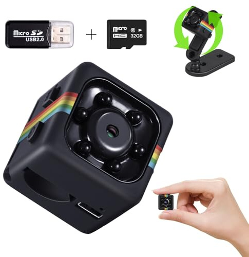 Bextgoo Telecamera di sicurezza senza WiFi, mini fotocamera 1080P, scheda TF integrata da 32 GB, servizio fotografico, staffa rotante a 360°, visione notturna, piccole fotocamere per casa/ciclismo
