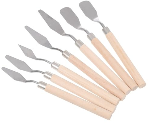 PACKOVE Set 7pezzi Spatole per Pittura in Acciaio Inossidabile Manici in Legno Beige per Spalmare e Lisciare, per Pittura Artistica e Modellismo