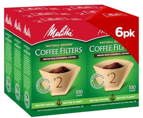 Melitta #2 Cone Coffee Filters, Natural Brown, 100 Count (Pack Of 6), 600 Total Filters - Fits all 2-6 Cup Cone Coffee Makers and 1-cup Pour-Over Brewers, Compostable, Tear-Resistant, Made in USA