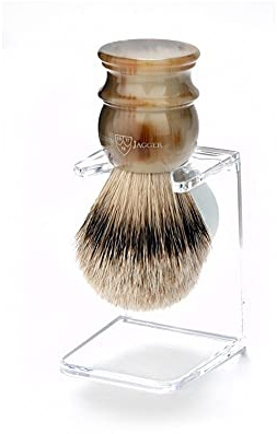 Edwin Jagger Silver Tip Badger Shaving Brush with Stand for use with Shaving Cream or Soap for Men (Medium, Imitation Light Horn)
