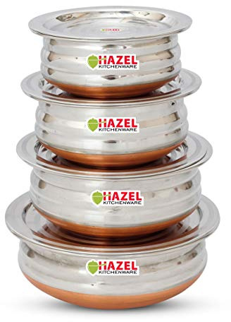 HAZEL Biryani Lot de 4 casseroles à fond en cuivre avec couvercle en acier inoxydable (800 ml, 1200 ml, 1600 ml, 2000 ml)