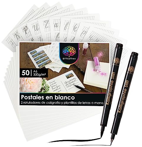 OfficeTree 50 x Tarjetas Postales en Blanco A6 - Tarjetas Blancas para Escribir con 2 Rotulador Caligrafía y 12 Plantillas ABC - Postal Cartas en Blanco - Tarjetas para Escribir Mensajes - Postcards
