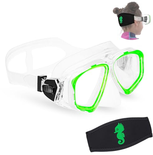 OMGear Goggles Kids Swimming Silicone Swim Mask Snorkeling Gear for Kids Tempered Glass Snorkel Goggles with Nose Cover Scuba Diving Goggles with Cute Neoprene Mask Strap CoverGreen