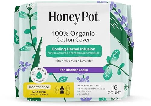 The Honey Pot Company, Herbal-Infused Cotton Incontinence Pads with Wings, 16 Count
