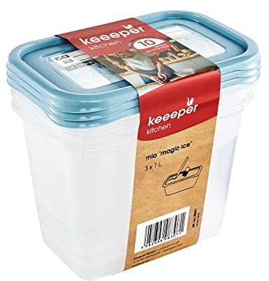 keeeper Lot de 3 Boîtes Congélation, Couvercle Réinscriptible, 3 x 1 l, 15,5 x 10,5 x 11,5 cm, Mia Magic Ice, Nordic Blue