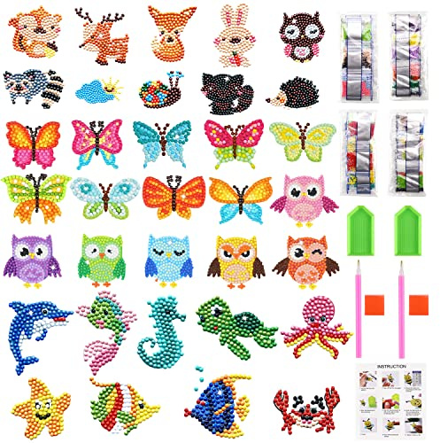 UGBO Diamond Painting Peinture Diamant Enfant DIY Autocollant de Diamand Animaux 5D Broderie Diamant Kit Mosaïque Autocollants Dessin Diamant pour Enfants et Débutants Adultes 34 pièces