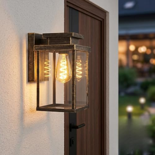 HOFSTEIN Außenwandleuchte Tieva, Außenwandlampe aus Metall/Glas in Braun-Gold/Klar, Wandleuchte im Industrial/Retro/Vintage-Design mit Lichteffekt, E27, IP44, Eingangsbereich, Haustür, Terrasse, Hof