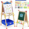 Chevalet Peinture Enfant,Tableau de Dessin Double Faces en Bois,Chevalet d'art Réglable en Hauteur avec Chiffres, Volutes et Autres Accessoires,Convient Enfant 2+ Ans(Robot)