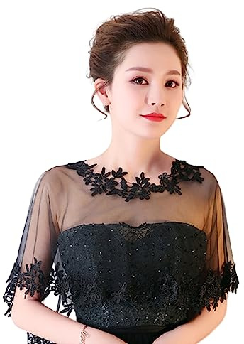 SamHeng Capa de Boda de Encaje para Novia, Mujer Flor Bordada Bolero Envoltura de Chal Cubierta de Hombro Tul Capelets para Fiesta de Noche Disfraz Accesorios de Fotos (Negro)