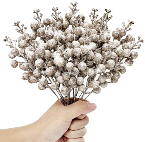 KKSTY Confezione da 16 bastoncini di bacche artificiali satinate, 22 cm, con bacche glitterate, rami di agrifoglio innevato, per decorazioni per albero di Natale, fai da te, ghirlande, forniture per