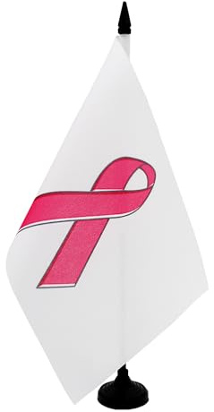 AZ FLAG Drapeau de Table Ruban Rose Cancer du Sein 21x14 cm Socle Plastique | Usage intérieur Drapeau de bureau contre le cancer finition cousue et bords renforcés polyester 100D