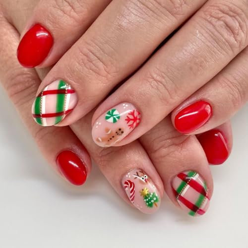 JUSTUSNX 24pcs rouge Noël faux ongles flocon de neige faux ongles femmes et filles court presse ongles (B)