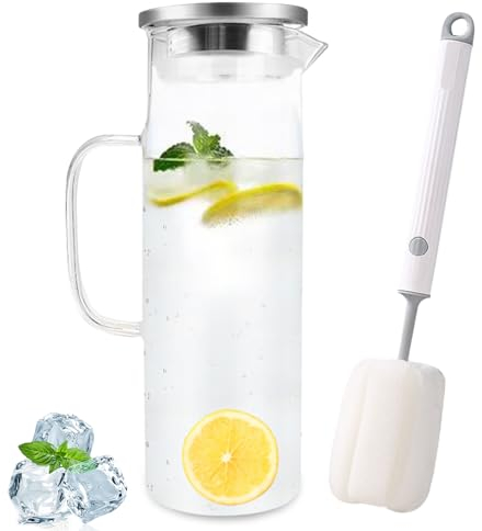 Diompirux 1,5 Litros Transparente y resistente al calor Botella, Jarra de Vidrio con Tapa y Cepillo, Limpieza fáciles de limpiar, para agua fría caliente, té helado, vino, café, leche y zumo