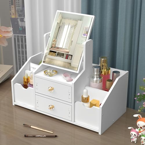 TFSZE Make Up Organizer,Cosmetic Organizer, Schminktisch Organizer mit Spiegel, Multifunktionaler Desktop Kosmetik Organizer, Weiß Make up Organizer mit Schublade für Dresser Schlafzimmer Badezimmer