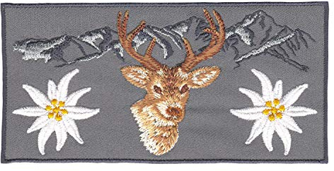 Alpen Berge Grau Hirsch Edelweiß Aufnäher zum aufbügeln Bügelbild Applikation Aufbügler für Kleidung gestickter Bügelflicken Blume Tracht Bayern Patch Größe 13 x 6,5 cm