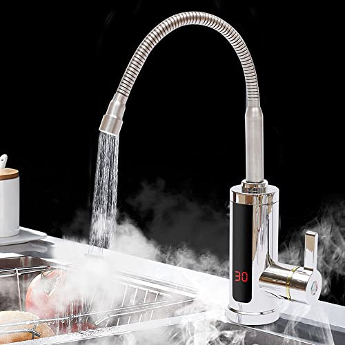 Biggittig Chauffe-eau électrique à LED 360° - Robinet avec chauffe-eau instantané - Robinet de salle de bain/cuisine - Pour salle de bain, cuisine, jardin, caravane - Classe énergétique C, CEES-337